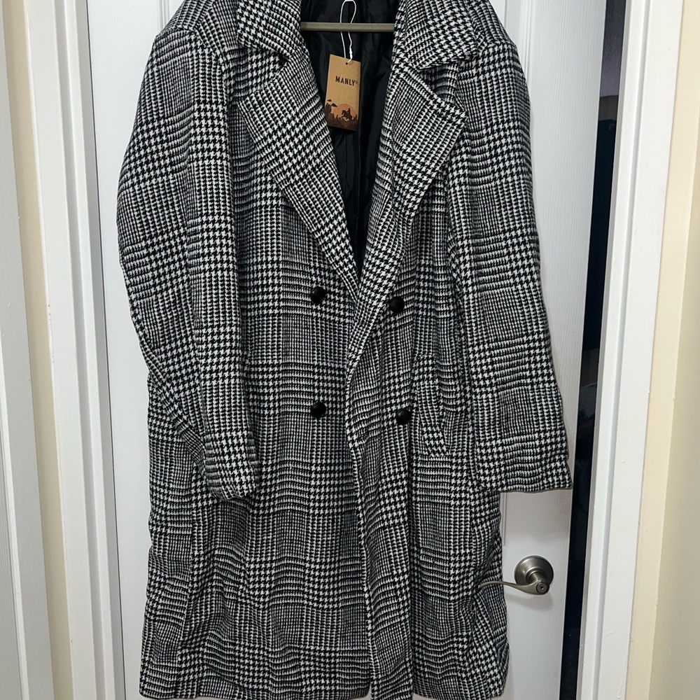 MEN'S RETRO CLASSIC CASUAL DOUBLE BREASTED KNEE-LENGTH HOUNDSTOOTH COAT
